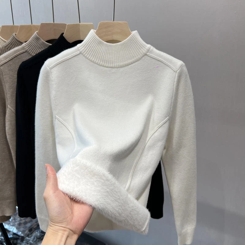 一体绒面料 设计感加绒半高领秋冬季加厚保暖洋气可外穿打底毛衣