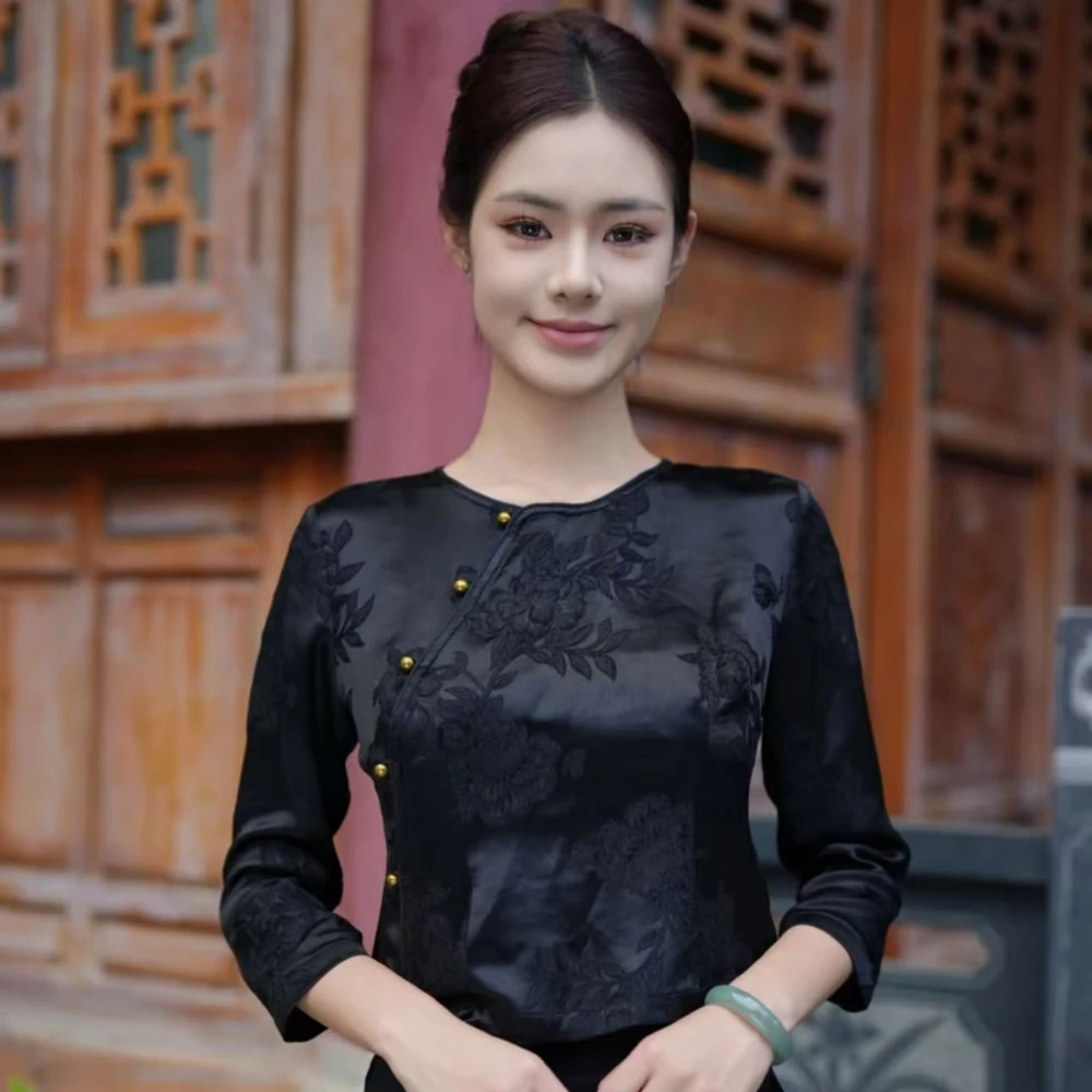 玉家人玉家人[勐遮]黑色款桑蚕丝侧开襟傣族服装改良服饰民族