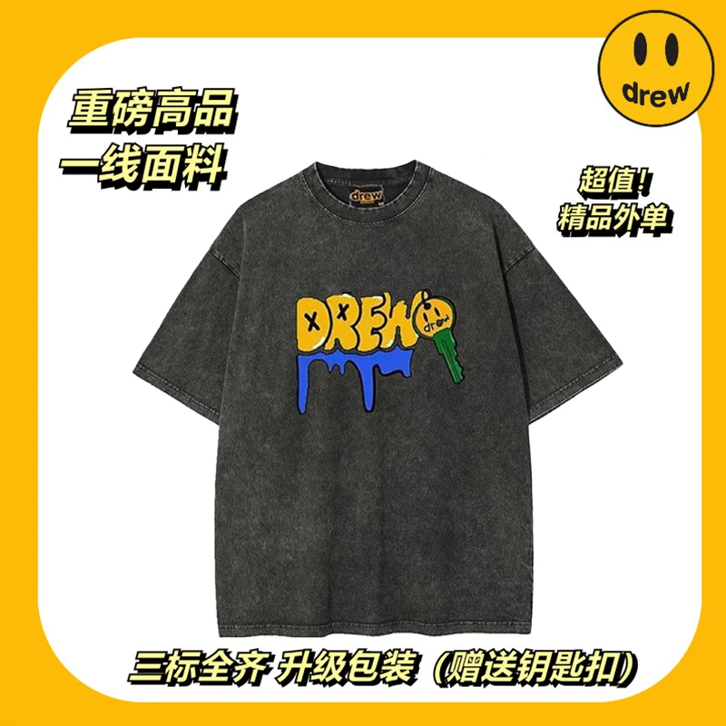 笑脸短袖美式复古钥匙学生水洗做旧炒雪花涂鸦印花t男女情侣款T恤