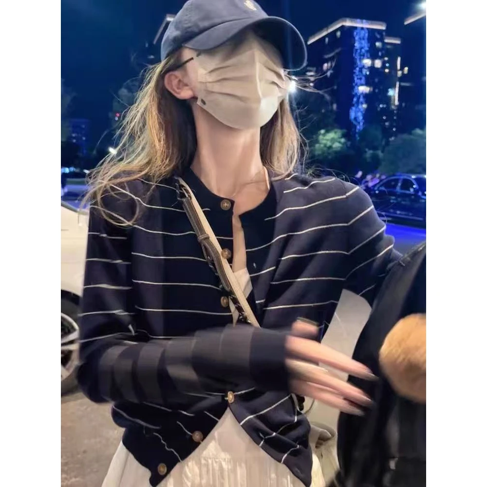 自制早秋新款法式百搭弹力条纹针织开衫上衣女