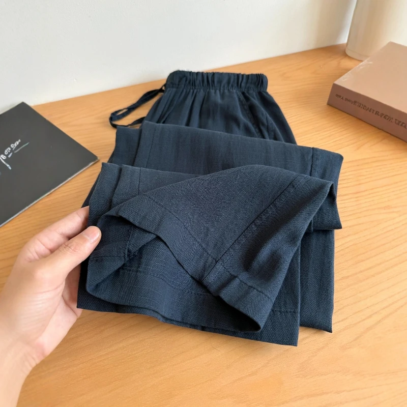 藏青色简约百搭宽松天丝休闲裤女夏季薄款高腰阔腿裤遮胯显瘦裤子