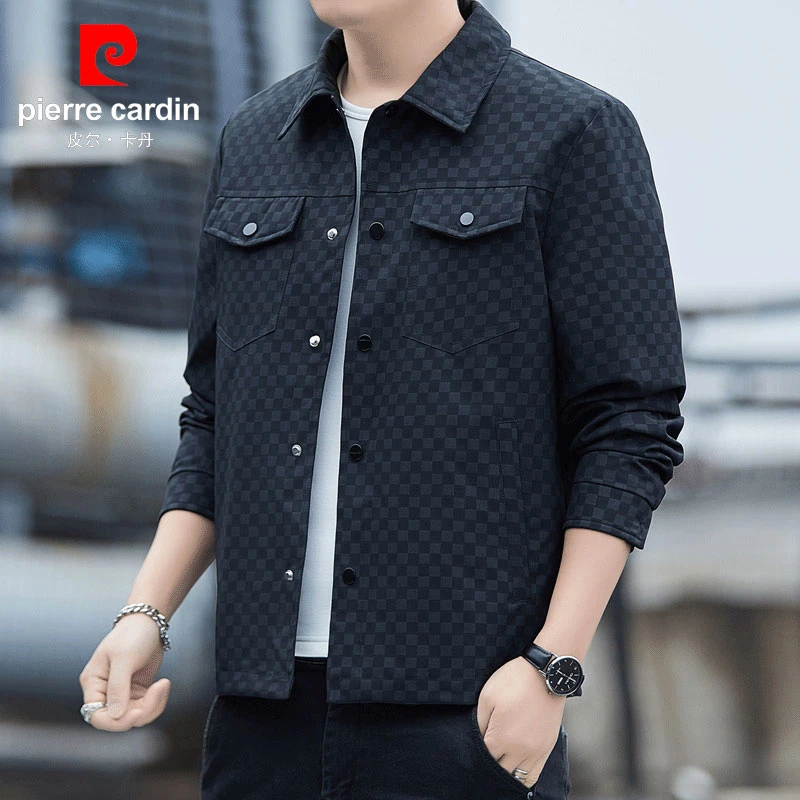 皮尔卡丹男外套2025新款棋盘格翻领休闲夹克春秋季潮流防风外套男