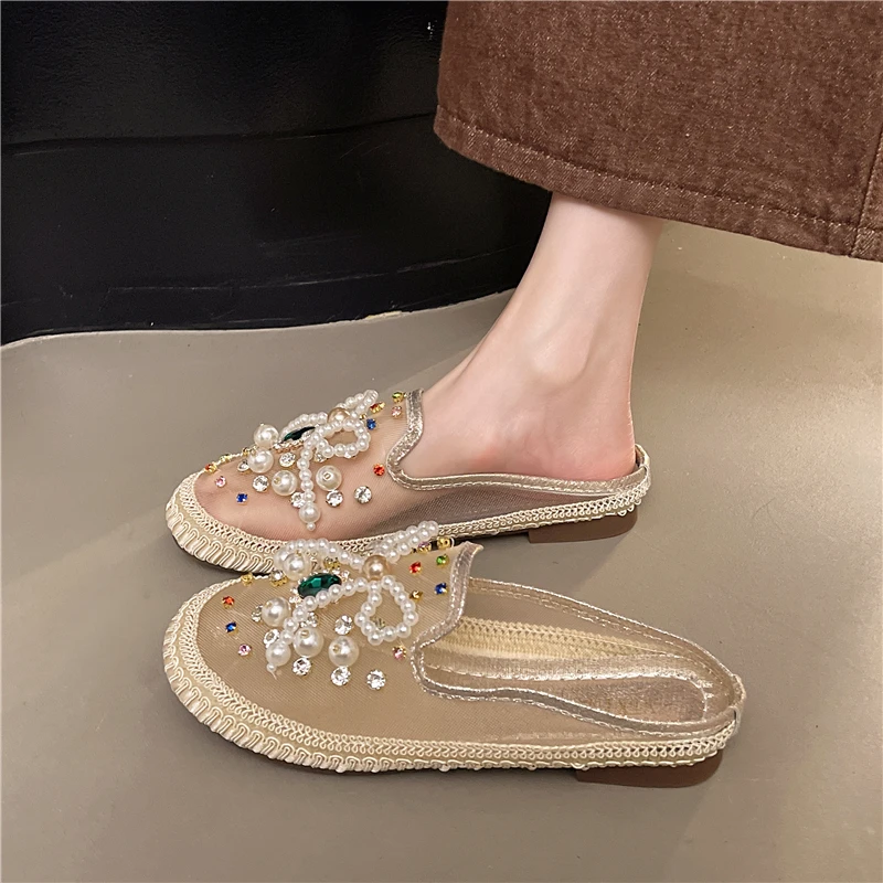 韩版网纱透气单鞋女夏2025新款水钻花朵仙女复古平底懒人鞋一脚蹬