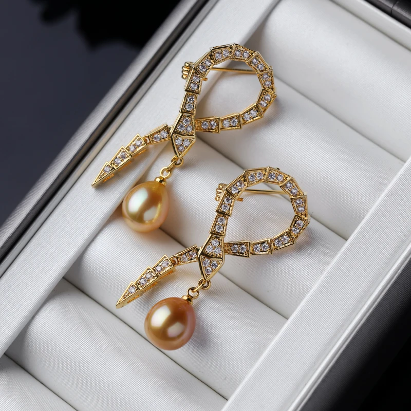 天然海水南洋金珍珠胸针9-11mm蛇年生肖胸饰合金镶嵌*多样性发一