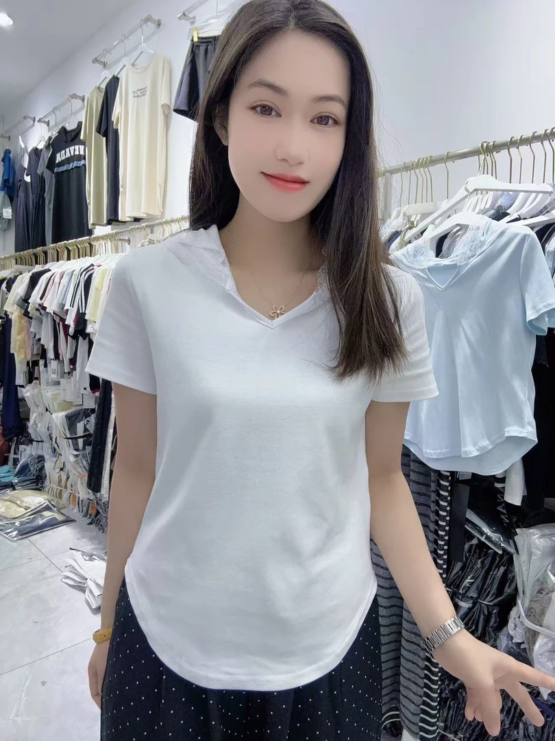 2618 新款设计感小众辣妹蕾丝帽拼接V领修身显瘦打底衫T裇女