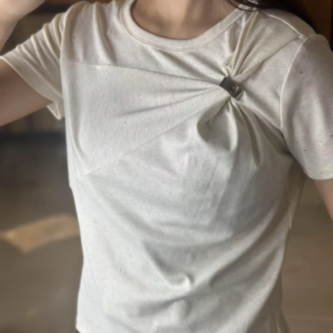 D50079南油爆款气质简约蝴蝶捏褶短袖上衣