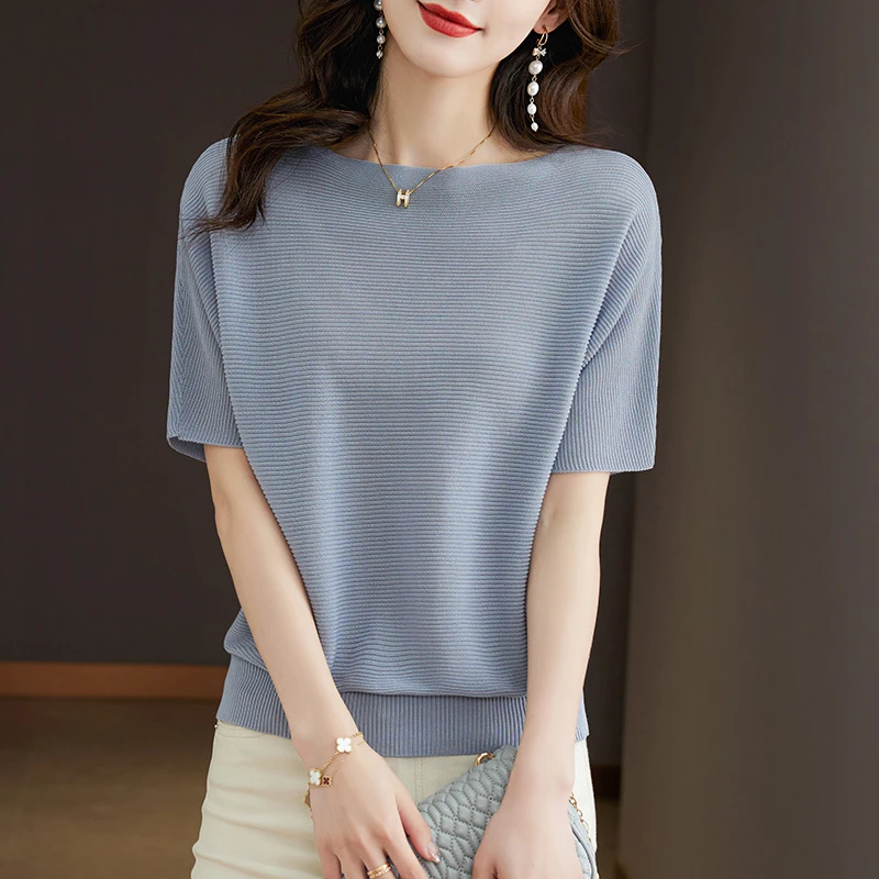 天丝针织衫女品牌莱赛尔蝙蝠袖上衣夏季短袖t恤女一字领半袖体恤
