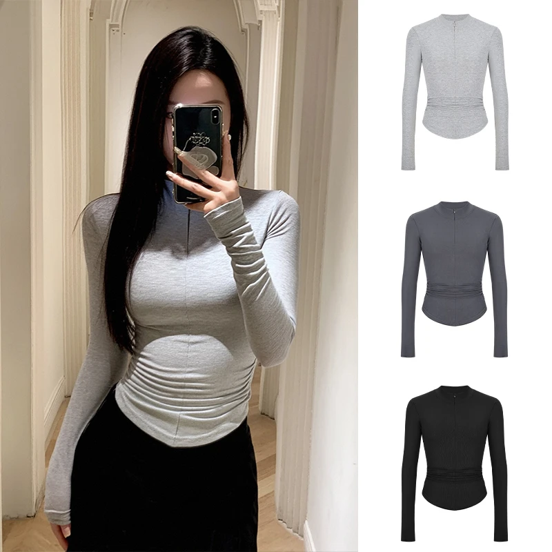 Moses Queen/魔西女王美式复古拉链立领长袖T恤收腰褶皱短款上衣