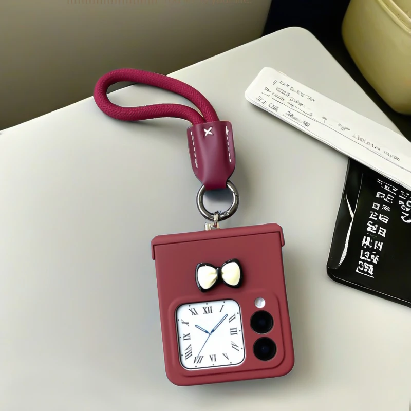 新款酒红色适用nova flip手机壳可爱蝴蝶结少女时尚复古挂绳链条