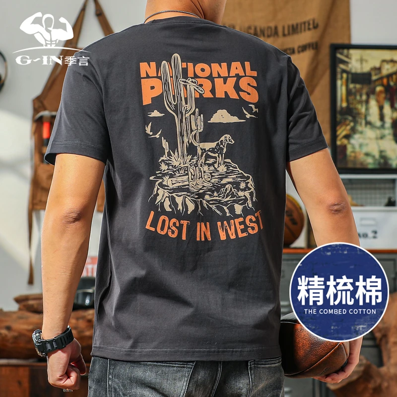 季言男装短袖2025新款夏季休闲新款潮牌印花 美式复古纯棉上衣男