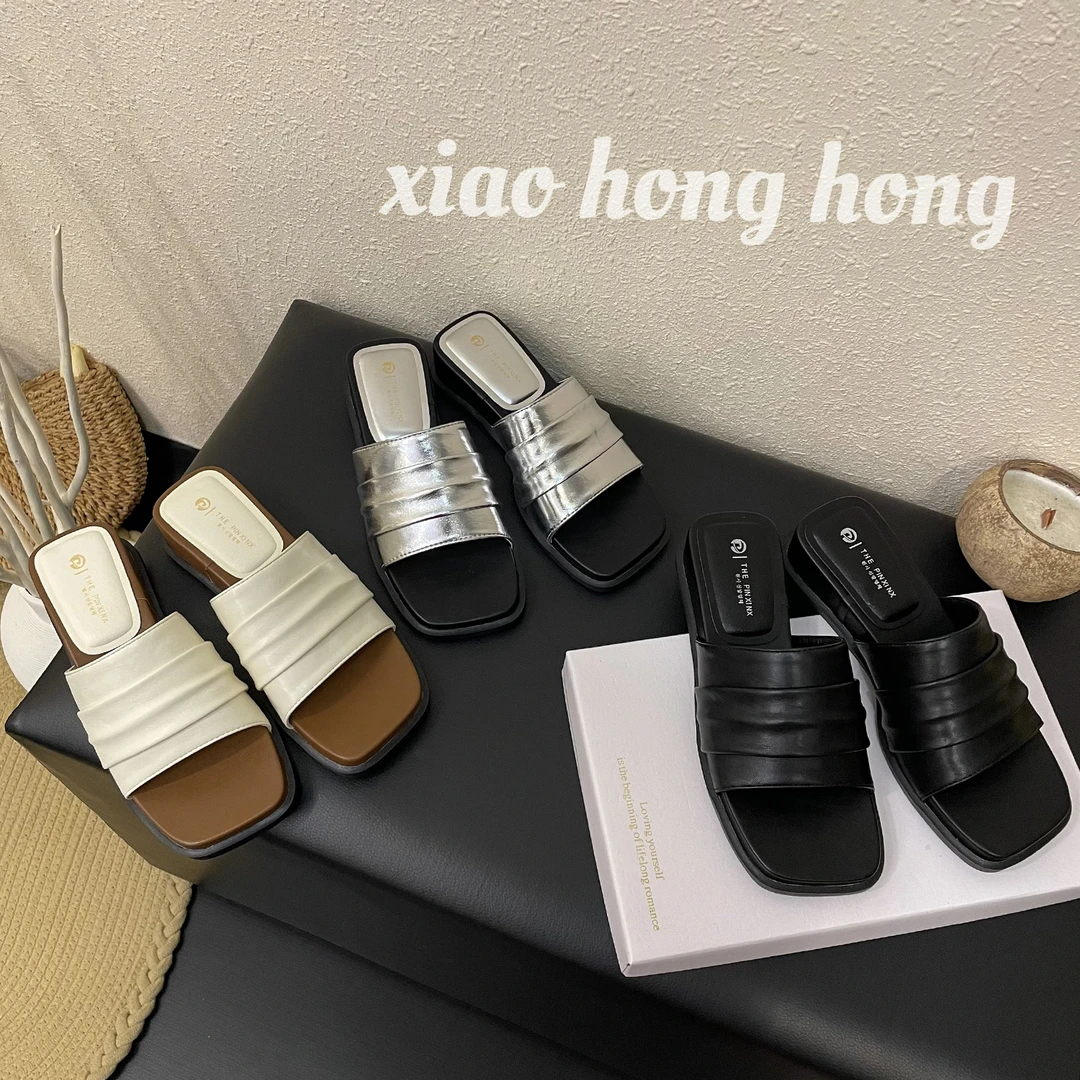 【美美】2025沙滩韩版一字拖夏季方头中跟小仙女外穿法式极简风