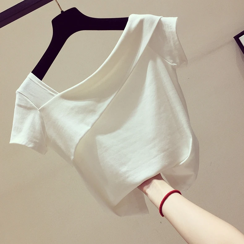 2025不规则斜领露肩正肩t恤女夏季修身显瘦法式别致短袖修身t恤女