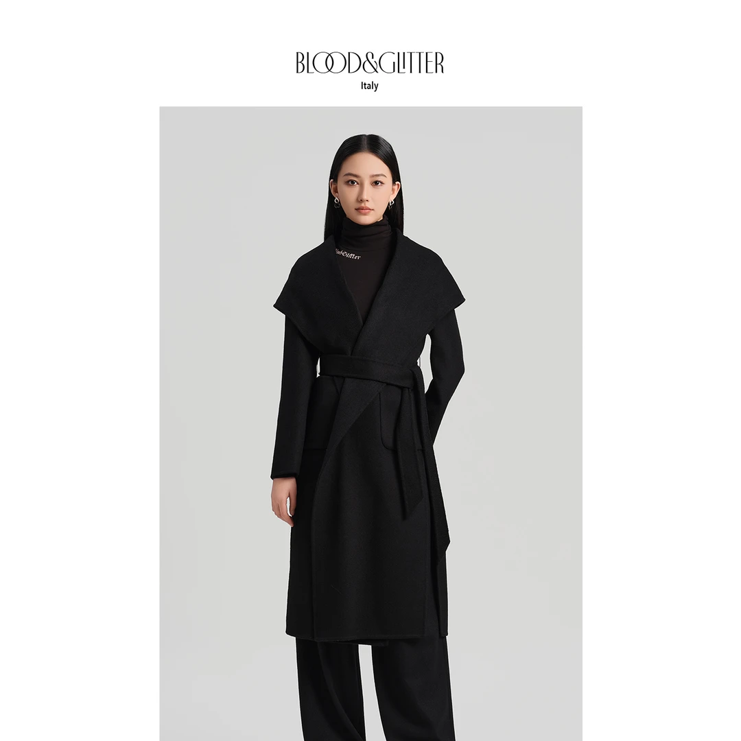 【大表姐专属】黑色毛呢外套中长款2025秋冬新款连帽附腰带气质大衣