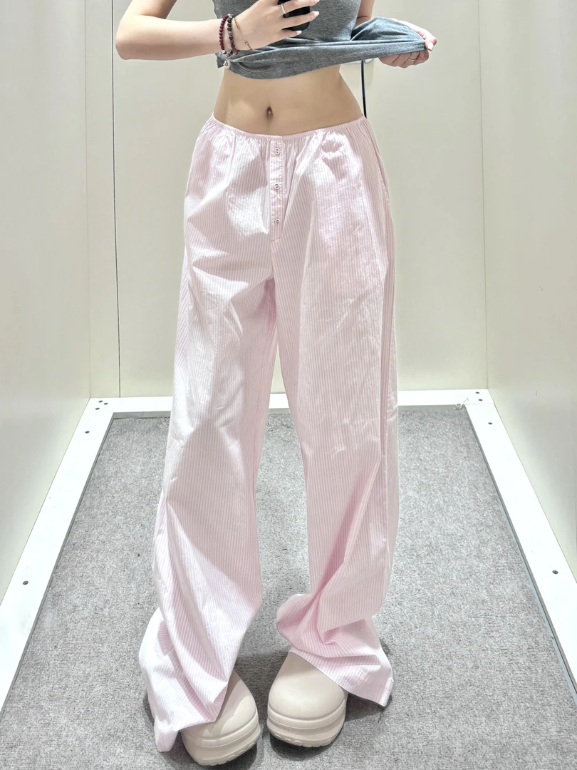 【lunan】skim*条纹宽松阔腿睡衣长裤溜弯裤