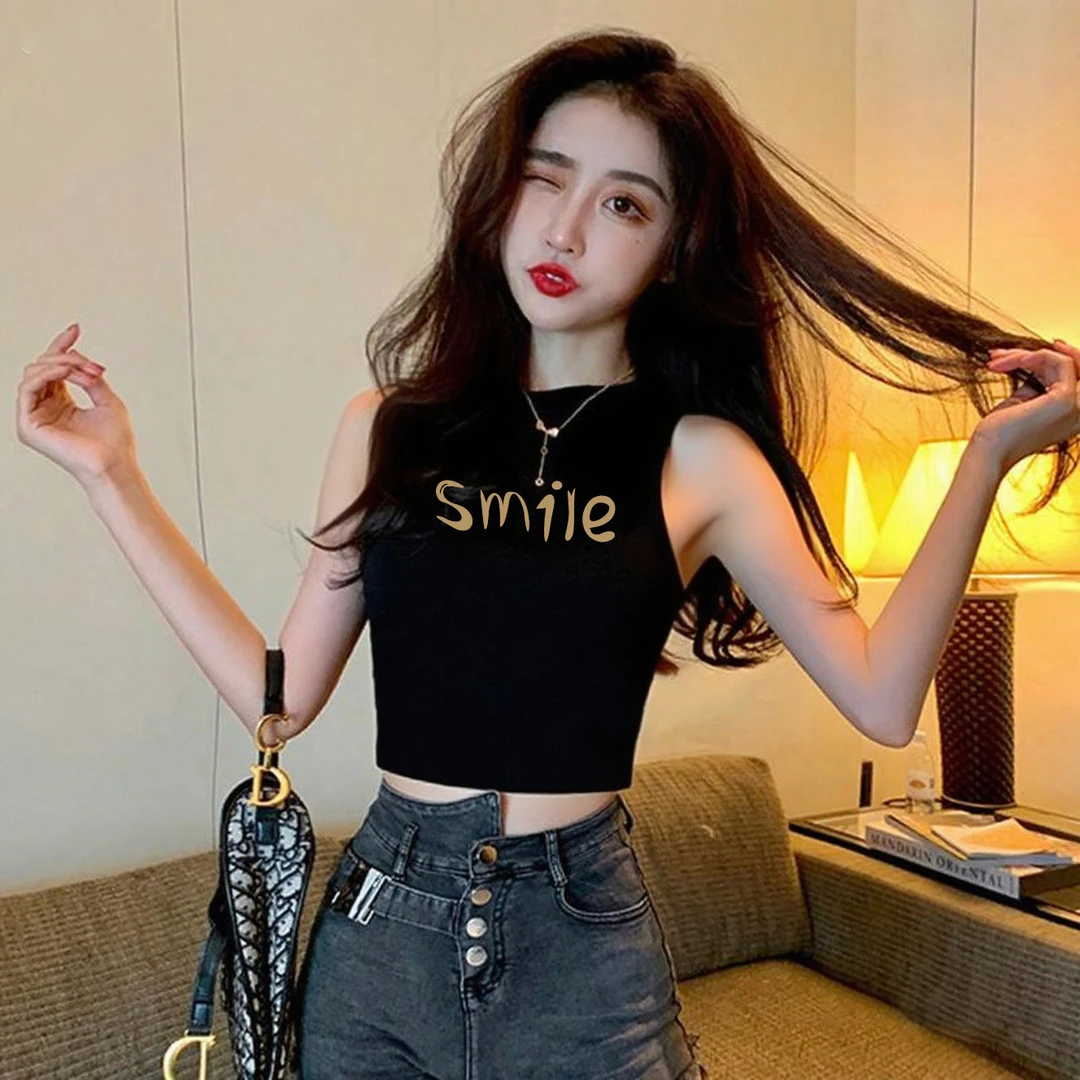 黑色无袖坎肩吊带背心女短款露脐性感百搭打底夏外穿印花字母t恤