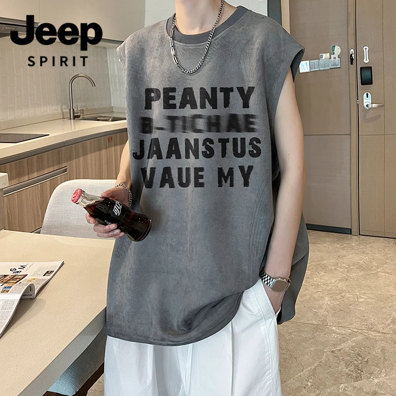 吉普吉普仿麂皮绒美式重磅坎肩T恤男士夏季美式潮牌运动背心上衣