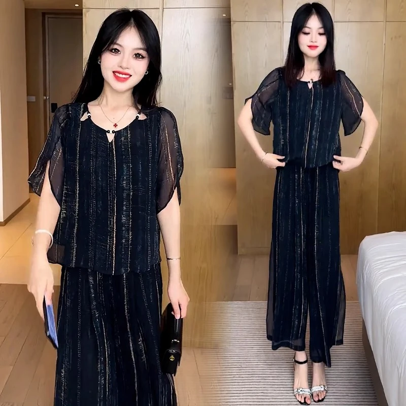 时尚气质套装女士夏季新款洋气显瘦冰丝雪纺短袖上衣阔腿裤两件套