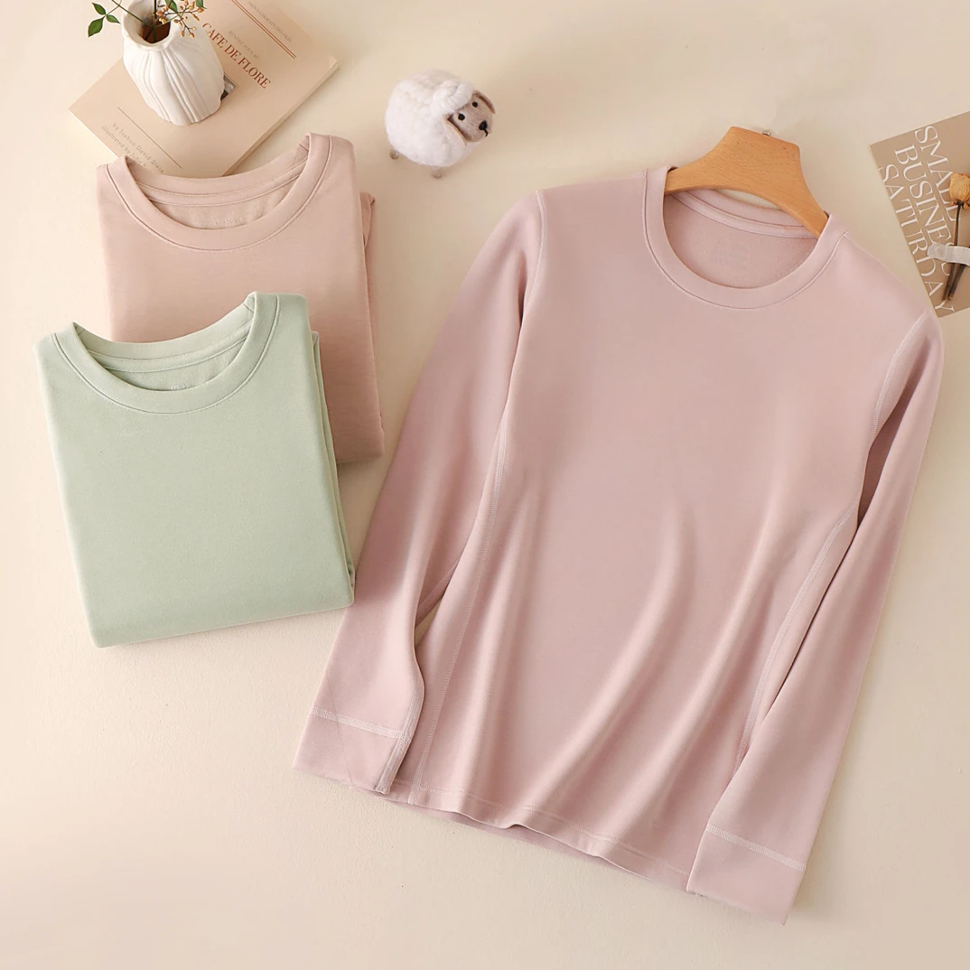 女士保暖中厚磨毛羊毛莱赛尔德绒发热套装女款圆领贴身秋衣秋裤