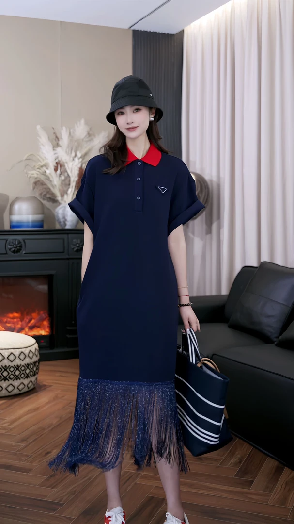 设计师原创藏蓝色流苏红色领子宽松直筒夏季显瘦连衣裙Z352384