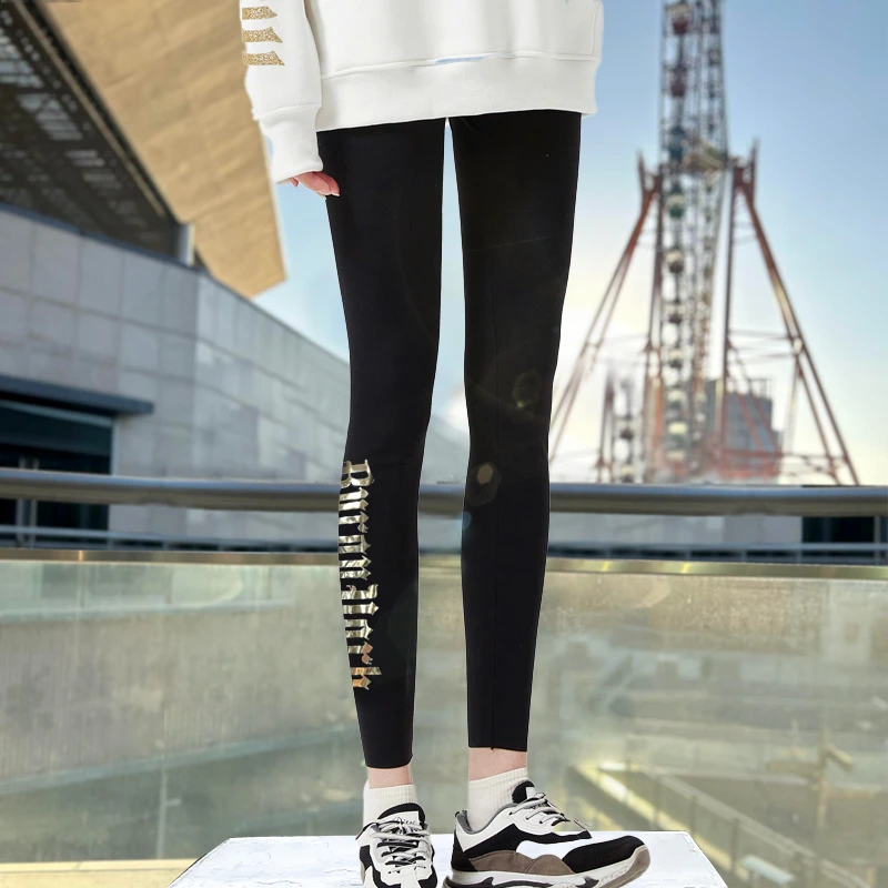 BY潮牌打底裤烫金字母夏季新款鲨鱼裤百搭弹力瑜伽裤修身时尚运动