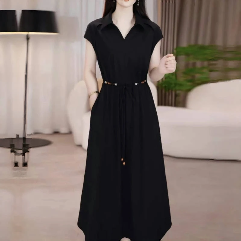 冰丝四面弹短袖连衣裙显瘦气质长裙夏季法式收腰连衣裙显瘦气质