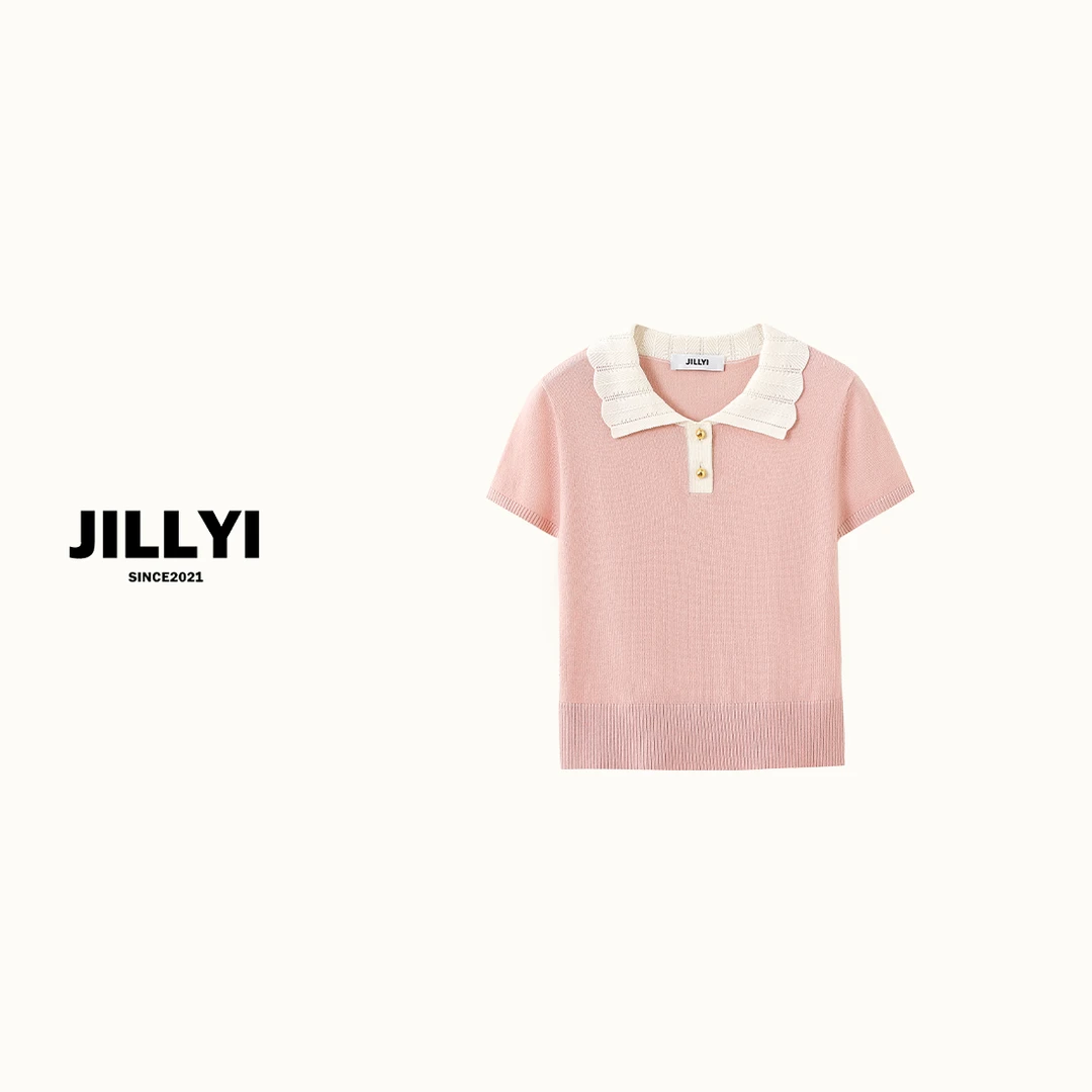 JILLYI南山店【粉色邂逅】桃粉色花瓣领甜美风针织衫夏款时尚百搭