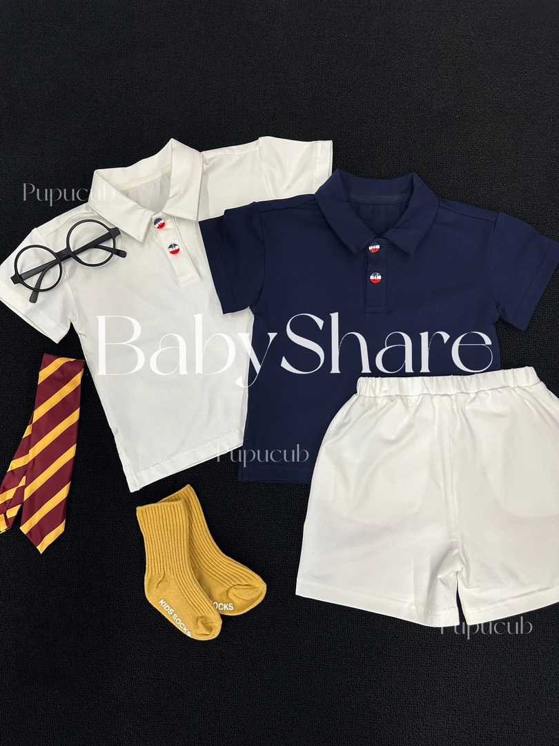 老钱风polo套装!Pupucub分体周岁宴宝宝衣服夏季短袖短裤气质纯色