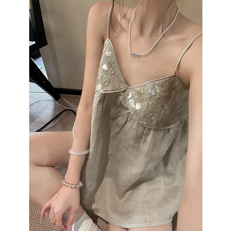 韩系甜美纯色拼接亮片睡衣女夏季新款吊带短裤可外穿家居服两件套