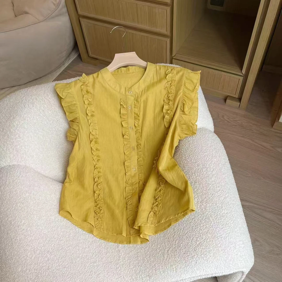 夏季薄款衬衣设计感飞飞袖衬衫女2025年爆款减龄时尚小衫-5051