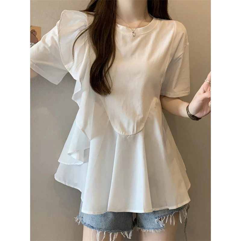 大码女装胖mm2025夏装白色拼接短袖T恤微胖妹妹遮肚子减龄上衣