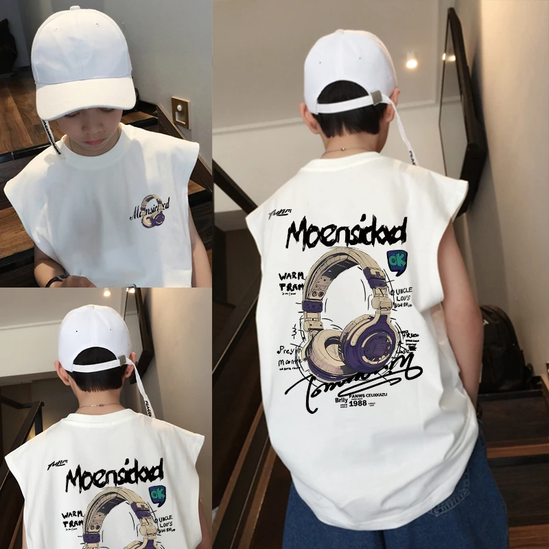 男童背心夏装儿童韩版卡通印花无袖上衣男孩宽松薄款工装短袖T恤