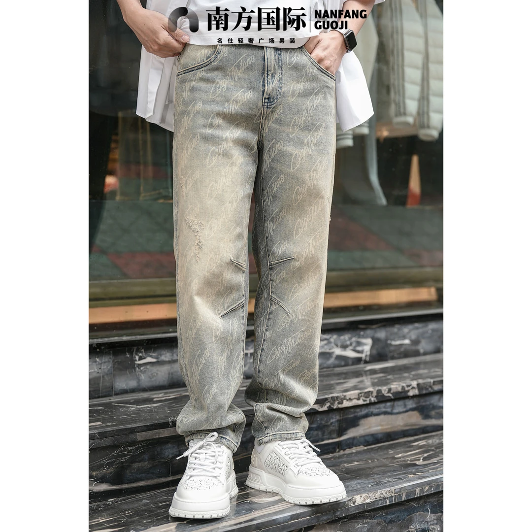 春夏宽松满印花字母做旧复古水洗男士直筒牛仔裤