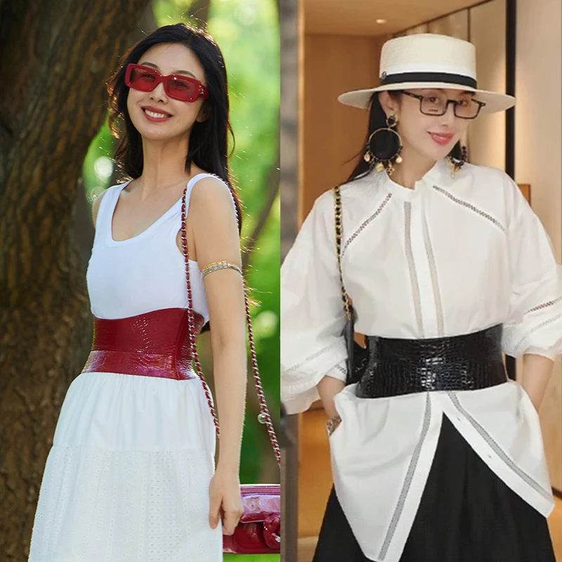 TRACY CHU百搭设计款气质黑色/红色鳄鱼纹羊漆皮两用腰封富家千金