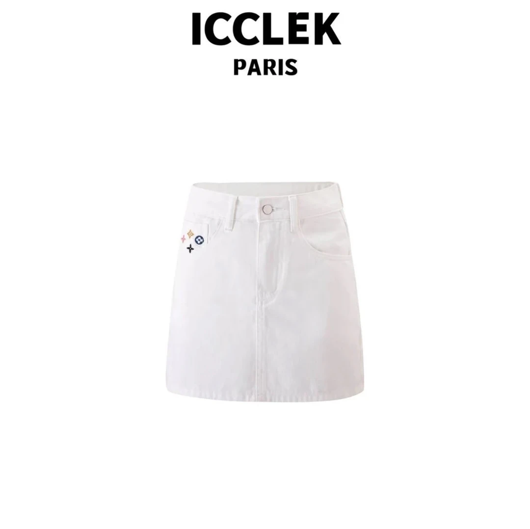 ICCLEK 白色印花直筒百搭短牛仔裤气质百搭显瘦简约通勤裙子-7072