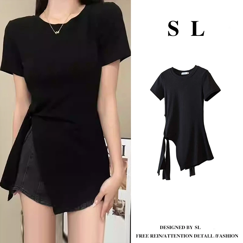 大码不规则正肩短袖t恤女夏季别致绑带遮肉中长款上衣女装-5352