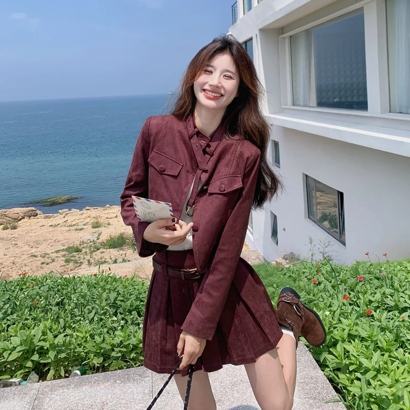 酷飒拽姐一整套小个子女2025秋季新款超火夹克外套百褶裙两件套装