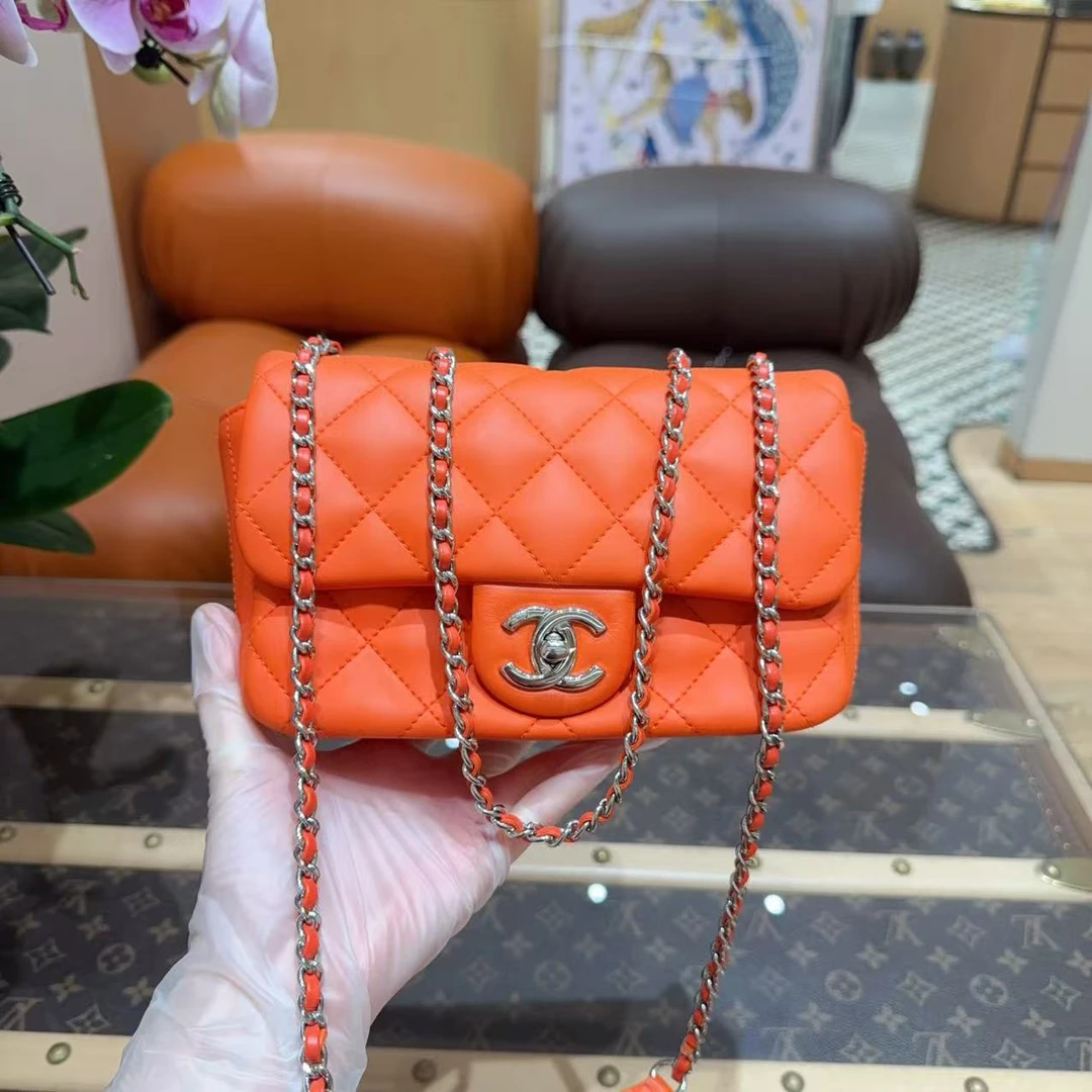 99新 Chanel/香奈儿  CF大mini 橘色银扣22开 单肩斜挎包