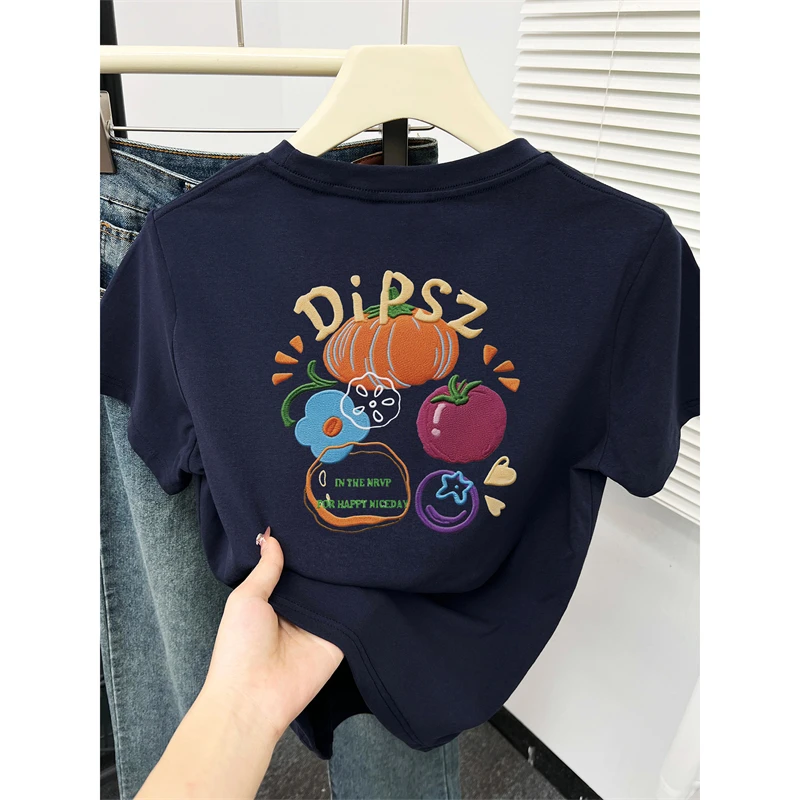 正肩短袖t恤女夏季2025爆款大码胖mm显瘦前后印花圆领洋气上衣潮