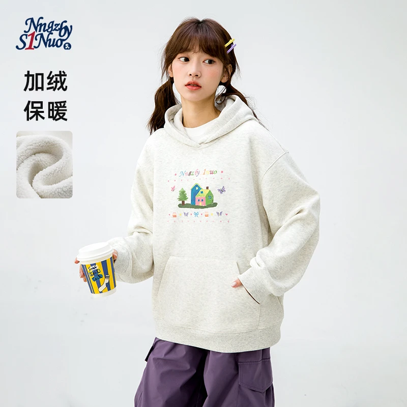 S1N初中生2025韩系薄绒趣味印花学院风连帽卫衣C25CW1192W