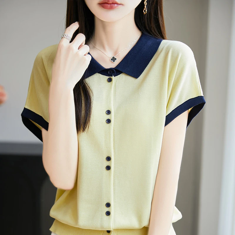 设计感单排扣短袖针织开衫韩系时尚通勤百搭2025夏季别致冰丝上衣