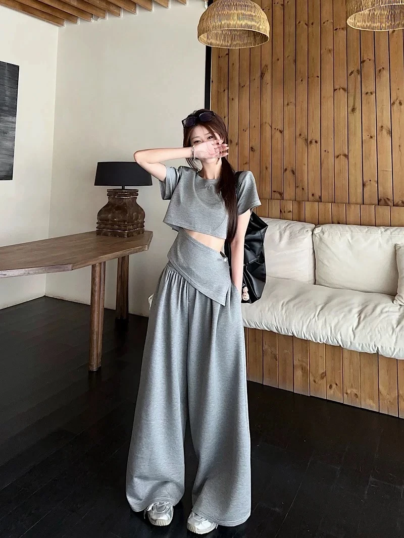 韩系通勤百搭套装女2025夏季短款短袖圆领上衣高腰阔腿休闲长裤