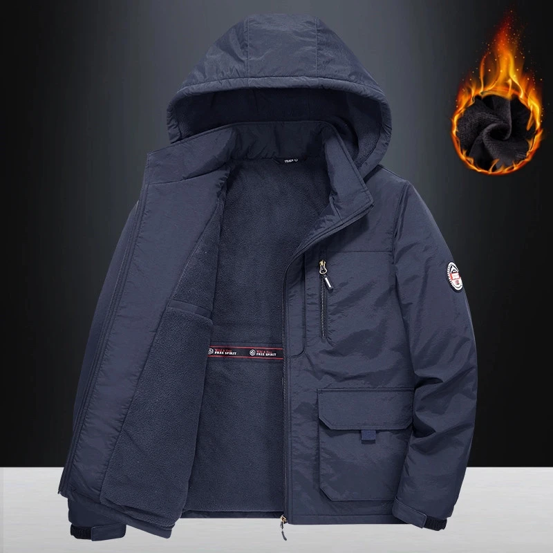 春秋季加绒厚外套男加肥大码薄棉衣派克冲锋多口袋保暖棉服工装袄