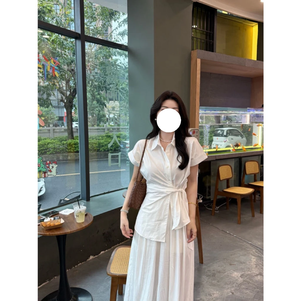 侧边系带收腰软衬衫女韩系设计感百搭翻领落肩短袖上衣➕半身长裙