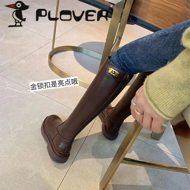PLOVER真软皮骑士靴子女2025款长筒靴女秋冬季高筒靴子显瘦长靴女