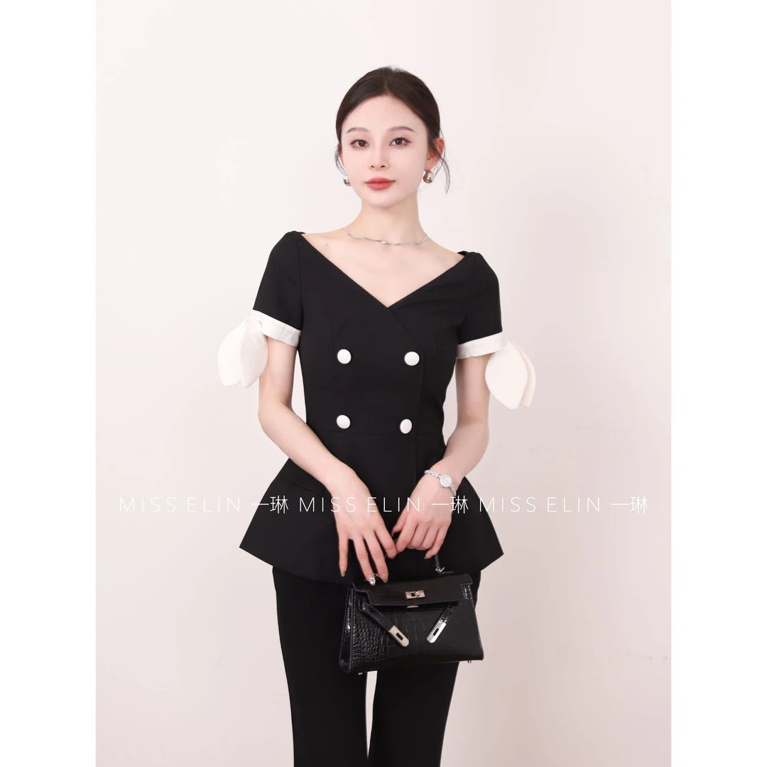 一琳Elin【杂志社】气质显瘦时尚设计感上衣短款XMZH7286黑色修身