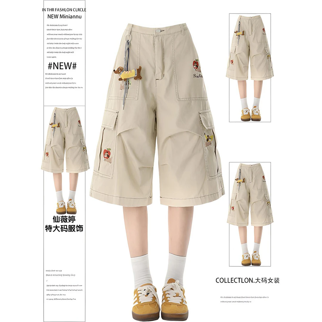 特大码女装美式多口袋设计工装牛仔短裤女胖mm宽松显瘦阔腿七分裤