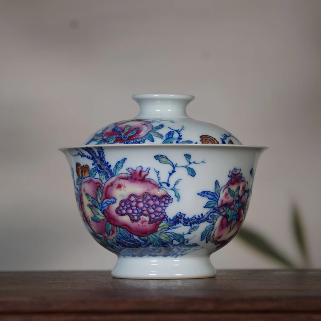 空山明月新贵斗彩石榴元宝盖碗纯手工手绘制作文人茶器陶瓷茶具