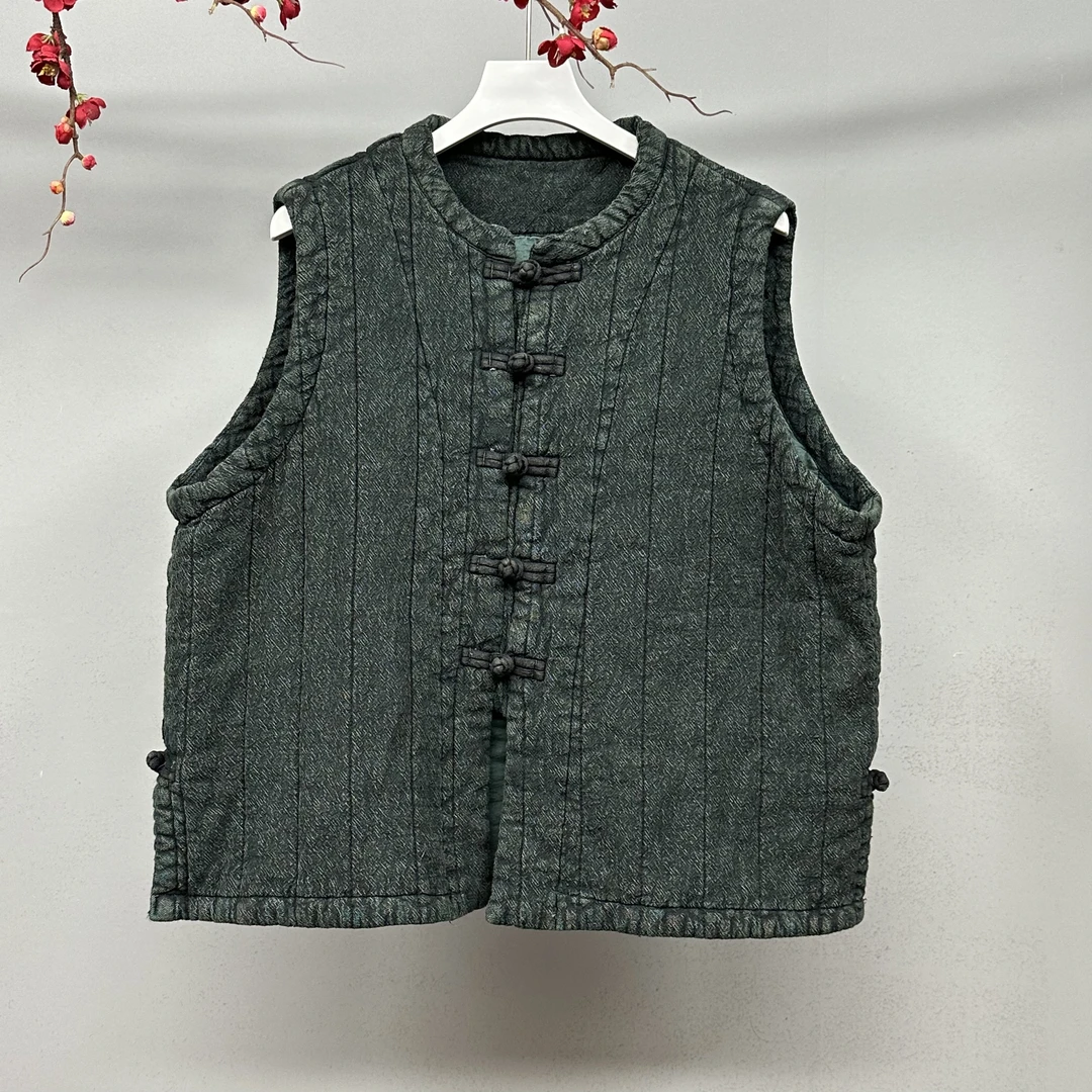 【语禾】3345亚麻复古做旧对襟盘扣马甲冬季棉背心(长60胸围120）