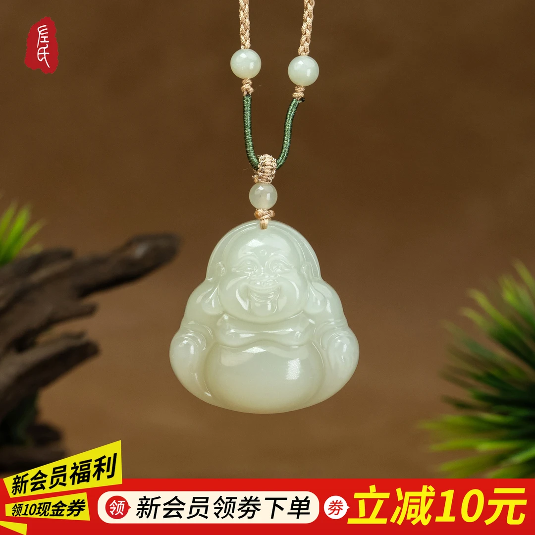 【左氏珠宝】和田玉高青白35mm佛手工双面雕刻2011