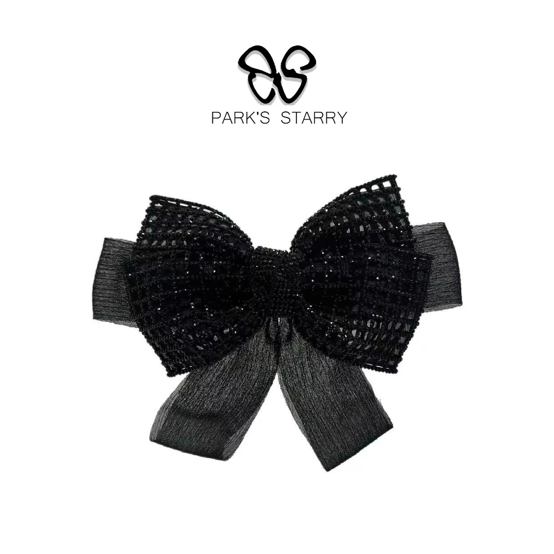 GREBUTY 5781 黑色双层细闪格纹蝴蝶结弹簧夹